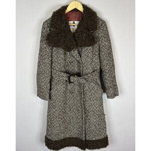Vintage Marielle Fleury Wool Tweed Coat Faux Shearling Trim Belted Women 12 60s